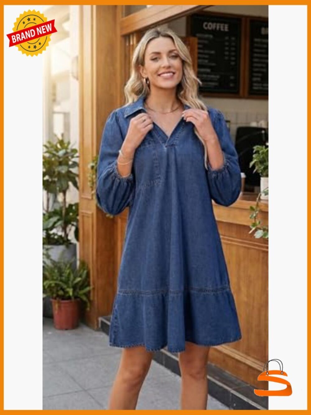 Collared V Neck Denim Dress 3/4 Sleeve Casual Loose Babydoll Short Jean Dress - Picture 3 of 5